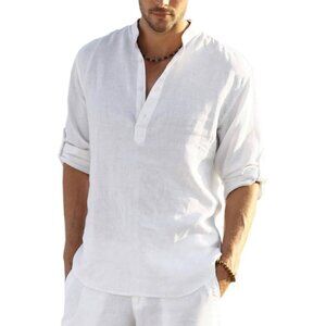 Men's White Cotton Linen Henley Shirt Long Sleeve Hippie Casual Beach T Shirts